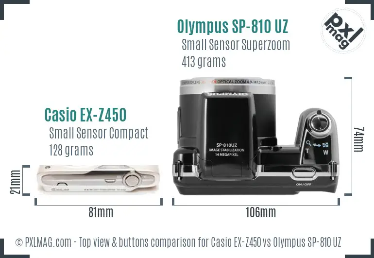 Casio EX-Z450 vs Olympus SP-810 UZ top view buttons comparison