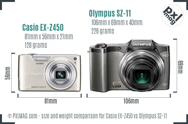 Casio EX-Z450 vs Olympus SZ-11 size comparison Casio EX-Z450 vs Olympus SZ-11 size comparison