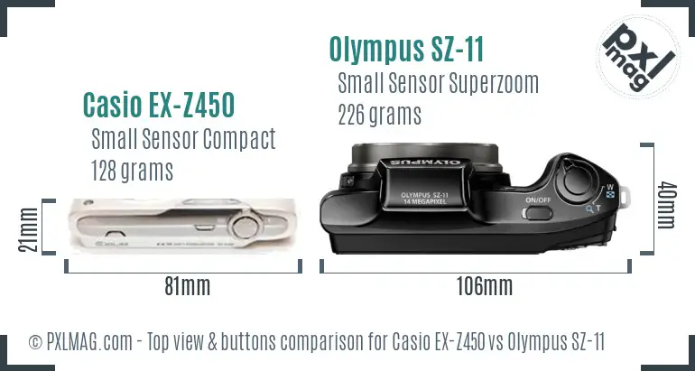 Casio EX-Z450 vs Olympus SZ-11 top view buttons comparison