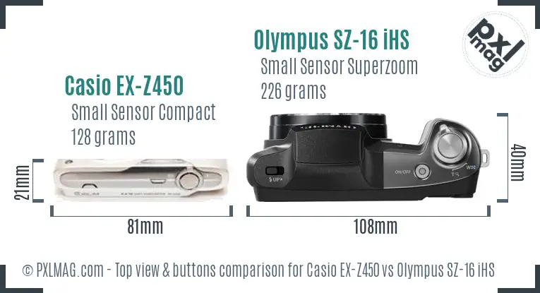 Casio EX-Z450 vs Olympus SZ-16 iHS top view buttons comparison
