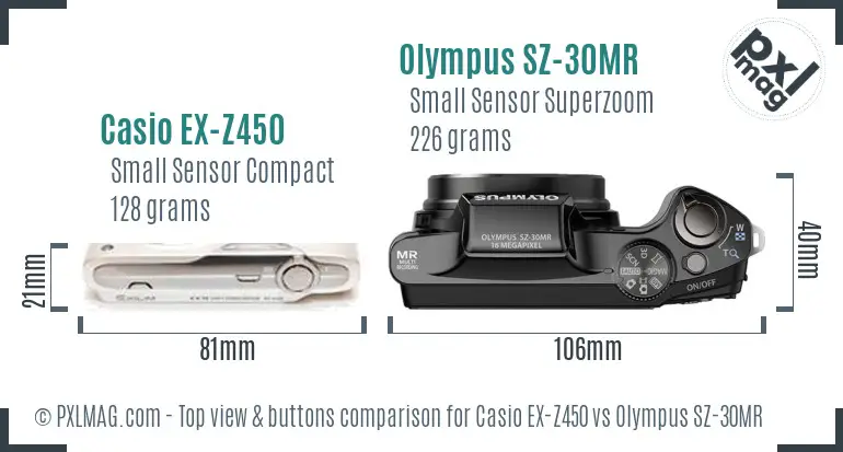 Casio EX-Z450 vs Olympus SZ-30MR top view buttons comparison Casio EX-Z450 vs Olympus SZ-30MR top view buttons comparison