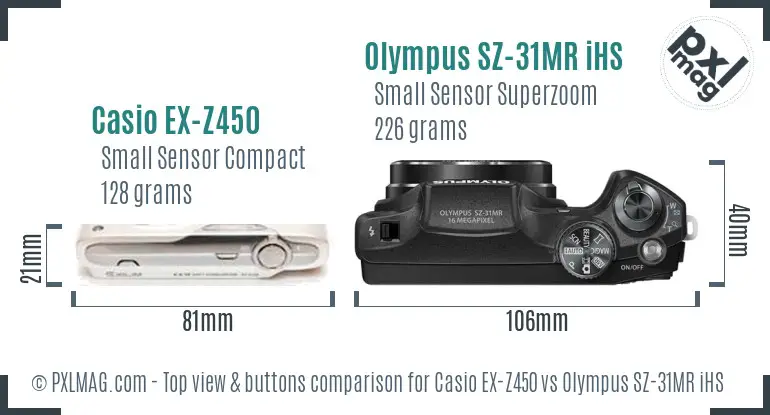 Casio EX-Z450 vs Olympus SZ-31MR iHS top view buttons comparison Casio EX-Z450 vs Olympus SZ-31MR iHS top view buttons comparison