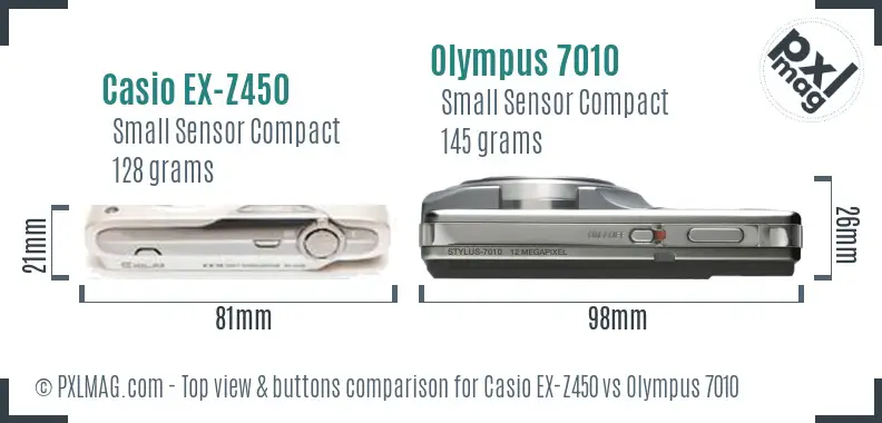 Casio EX-Z450 vs Olympus 7010 top view buttons comparison