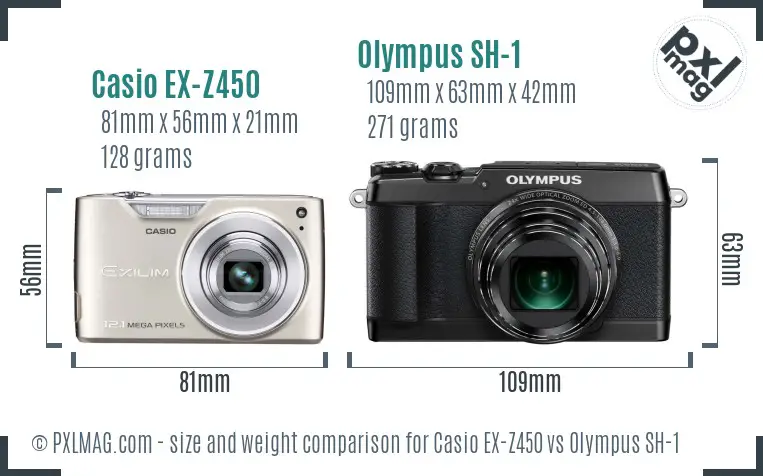 Casio EX-Z450 vs Olympus SH-1 size comparison Casio EX-Z450 vs Olympus SH-1 size comparison