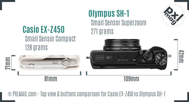 Casio EX-Z450 vs Olympus SH-1 top view buttons comparison Casio EX-Z450 vs Olympus SH-1 top view buttons comparison
