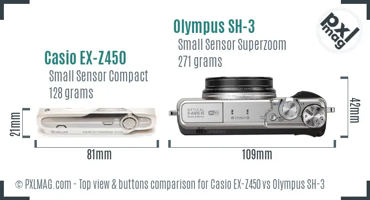 Casio EX-Z450 vs Olympus SH-3 top view buttons comparison