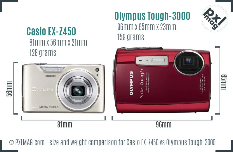 Casio EX-Z450 vs Olympus Tough-3000 size comparison