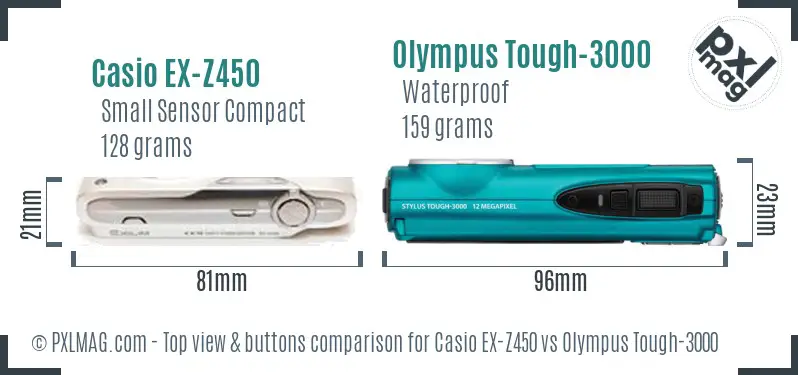Casio EX-Z450 vs Olympus Tough-3000 top view buttons comparison
