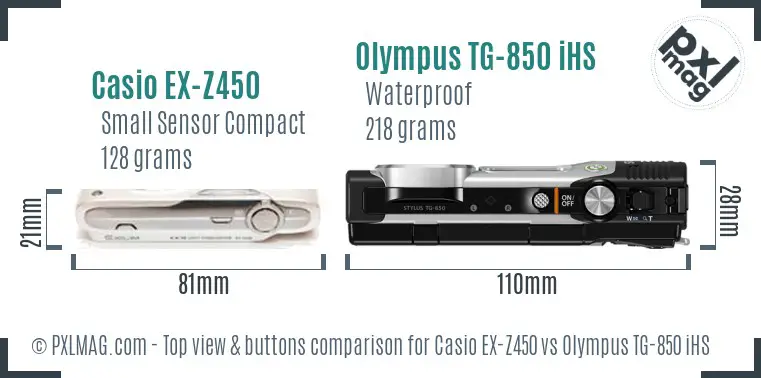 Casio EX-Z450 vs Olympus TG-850 iHS top view buttons comparison