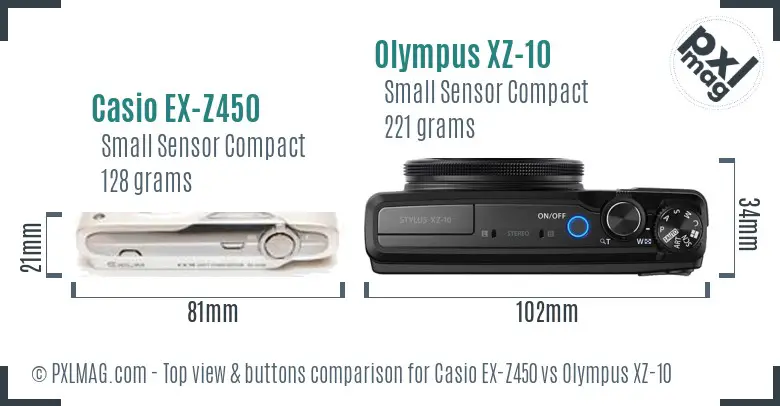 Casio EX-Z450 vs Olympus XZ-10 top view buttons comparison