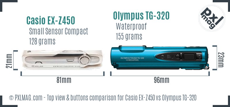 Casio EX-Z450 vs Olympus TG-320 top view buttons comparison