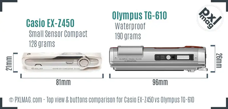 Casio EX-Z450 vs Olympus TG-610 top view buttons comparison