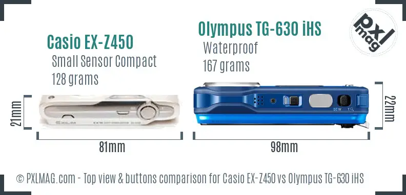 Casio EX-Z450 vs Olympus TG-630 iHS top view buttons comparison