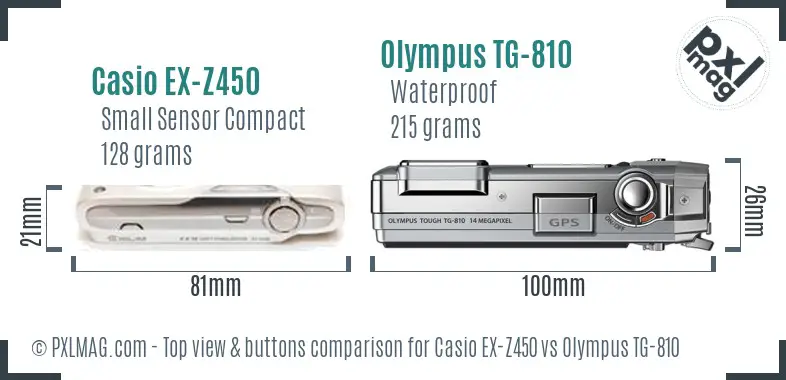Casio EX-Z450 vs Olympus TG-810 top view buttons comparison