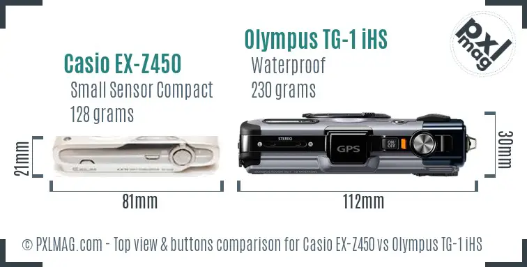 Casio EX-Z450 vs Olympus TG-1 iHS top view buttons comparison