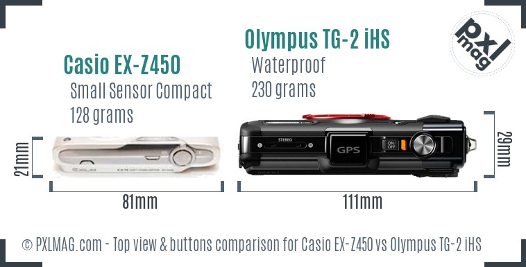 Casio EX-Z450 vs Olympus TG-2 iHS top view buttons comparison