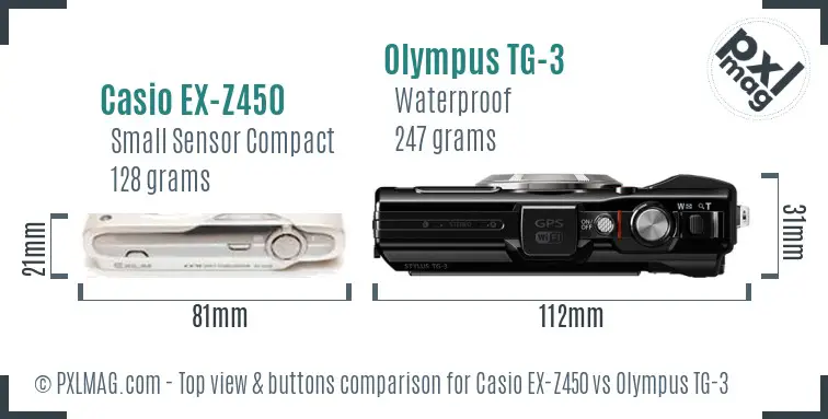 Casio EX-Z450 vs Olympus TG-3 top view buttons comparison