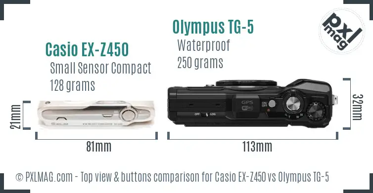 Casio EX-Z450 vs Olympus TG-5 top view buttons comparison