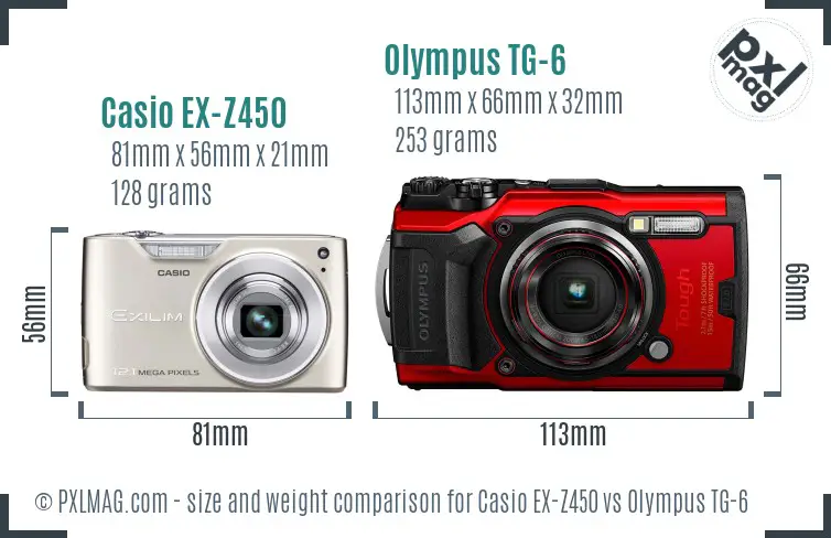 Casio EX-Z450 vs Olympus TG-6 size comparison Casio EX-Z450 vs Olympus TG-6 size comparison
