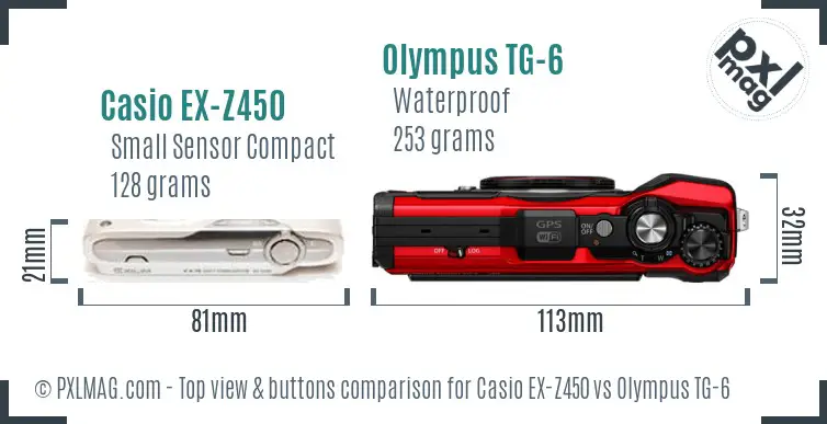 Casio EX-Z450 vs Olympus TG-6 top view buttons comparison Casio EX-Z450 vs Olympus TG-6 top view buttons comparison