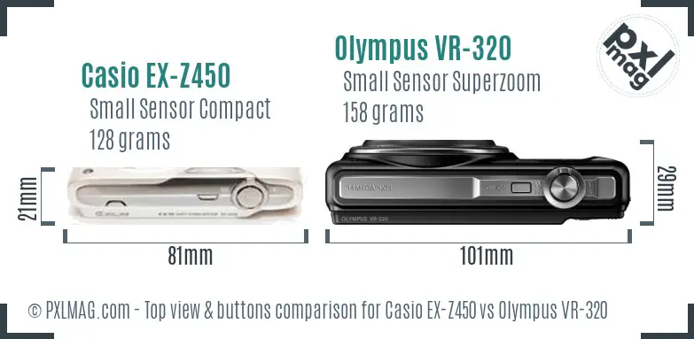 Casio EX-Z450 vs Olympus VR-320 top view buttons comparison