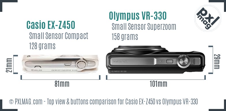 Casio EX-Z450 vs Olympus VR-330 top view buttons comparison