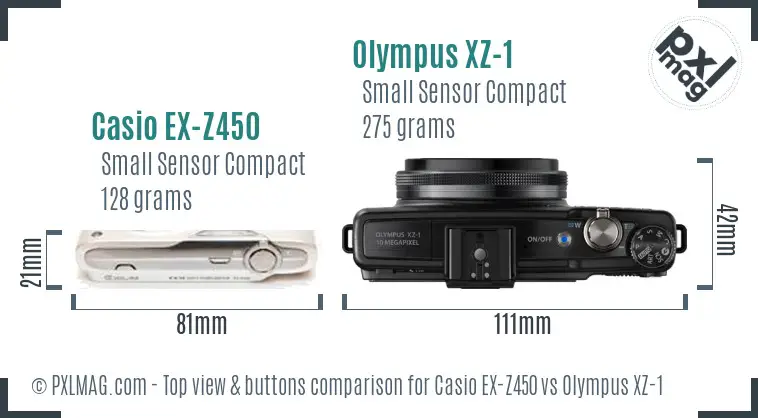 Casio EX-Z450 vs Olympus XZ-1 top view buttons comparison