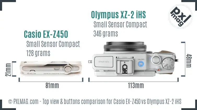 Casio EX-Z450 vs Olympus XZ-2 iHS top view buttons comparison