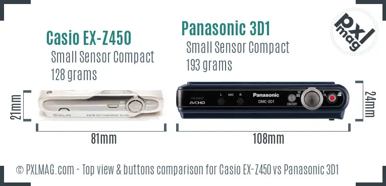 Casio EX-Z450 vs Panasonic 3D1 top view buttons comparison