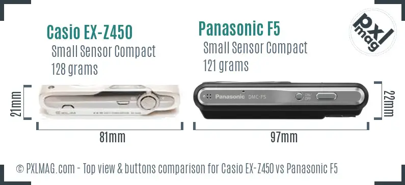 Casio EX-Z450 vs Panasonic F5 top view buttons comparison Casio EX-Z450 vs Panasonic F5 top view buttons comparison