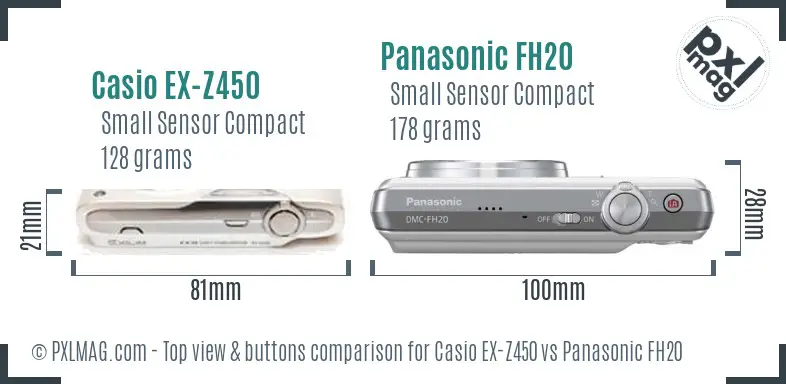 Casio EX-Z450 vs Panasonic FH20 top view buttons comparison Casio EX-Z450 vs Panasonic FH20 top view buttons comparison