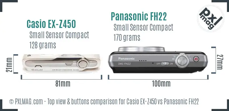 Casio EX-Z450 vs Panasonic FH22 top view buttons comparison Casio EX-Z450 vs Panasonic FH22 top view buttons comparison