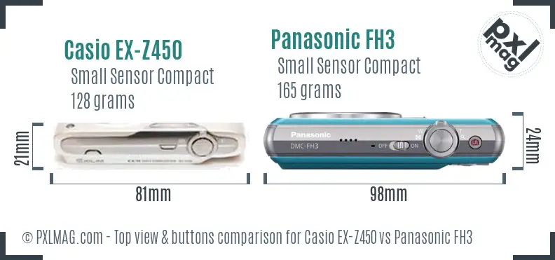 Casio EX-Z450 vs Panasonic FH3 top view buttons comparison Casio EX-Z450 vs Panasonic FH3 top view buttons comparison