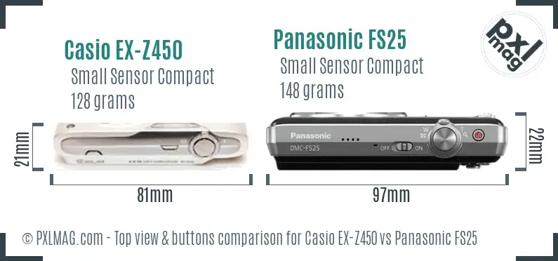 Casio EX-Z450 vs Panasonic FS25 top view buttons comparison