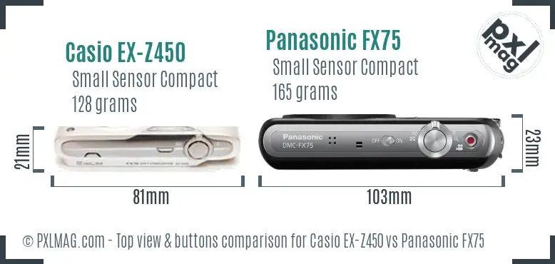 Casio EX-Z450 vs Panasonic FX75 top view buttons comparison