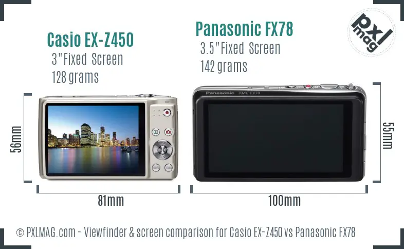 Casio EX-Z450 vs Panasonic FX78 Screen and Viewfinder comparison