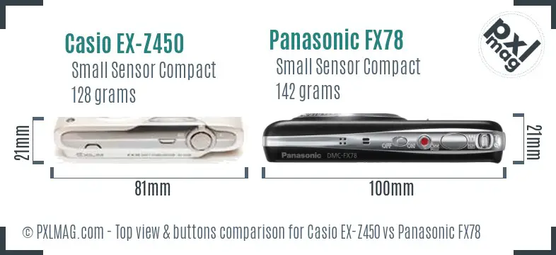 Casio EX-Z450 vs Panasonic FX78 top view buttons comparison