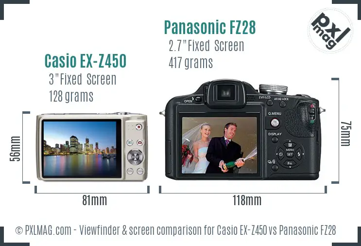 Casio EX-Z450 vs Panasonic FZ28 Screen and Viewfinder comparison