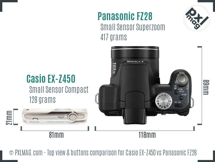 Casio EX-Z450 vs Panasonic FZ28 top view buttons comparison