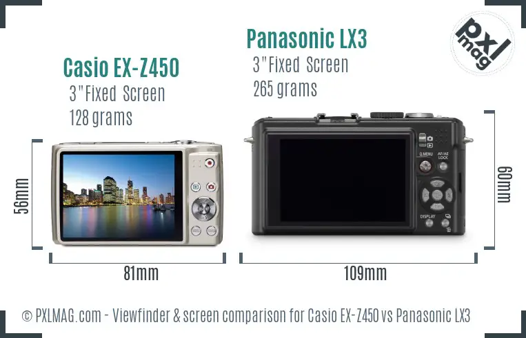 Casio EX-Z450 vs Panasonic LX3 Screen and Viewfinder comparison