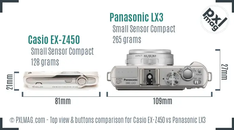 Casio EX-Z450 vs Panasonic LX3 top view buttons comparison