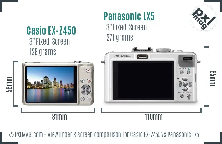 Casio EX-Z450 vs Panasonic LX5 Screen and Viewfinder comparison