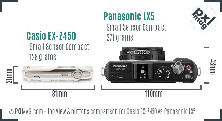 Casio EX-Z450 vs Panasonic LX5 top view buttons comparison