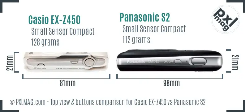Casio EX-Z450 vs Panasonic S2 top view buttons comparison