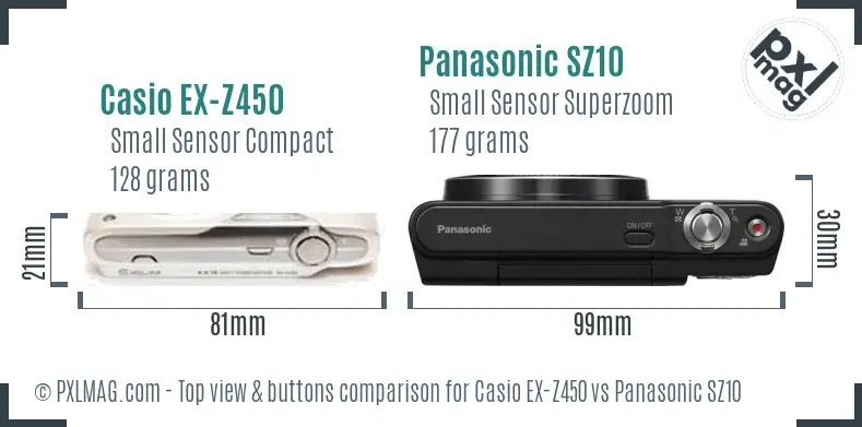 Casio EX-Z450 vs Panasonic SZ10 top view buttons comparison