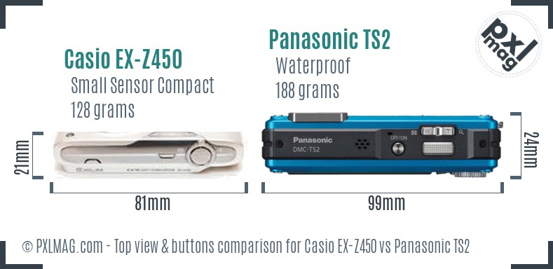 Casio EX-Z450 vs Panasonic TS2 top view buttons comparison