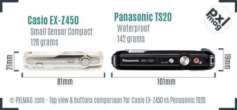 Casio EX-Z450 vs Panasonic TS20 top view buttons comparison