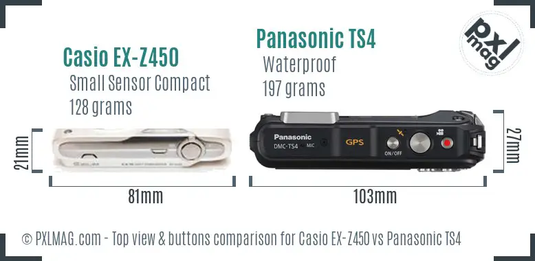Casio EX-Z450 vs Panasonic TS4 top view buttons comparison