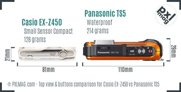 Casio EX-Z450 vs Panasonic TS5 top view buttons comparison