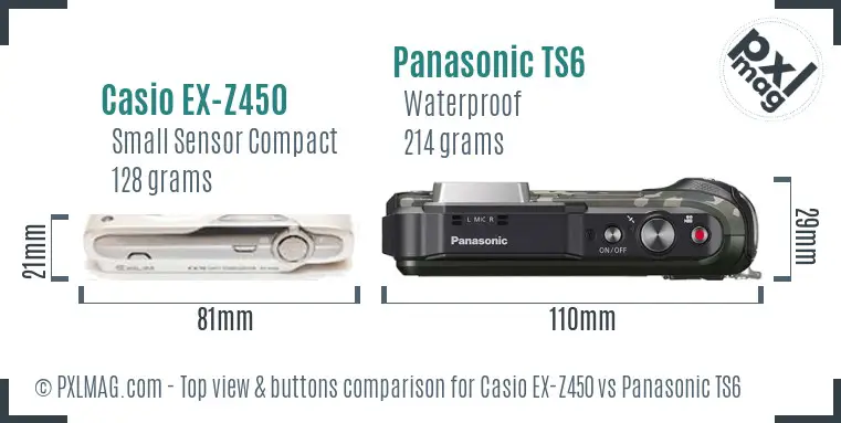 Casio EX-Z450 vs Panasonic TS6 top view buttons comparison